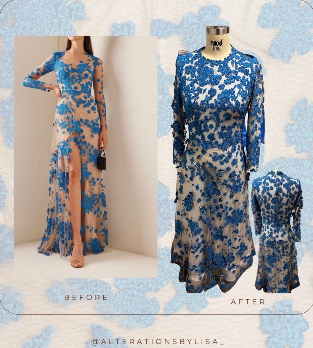 Blue lace gown — before and after alteration